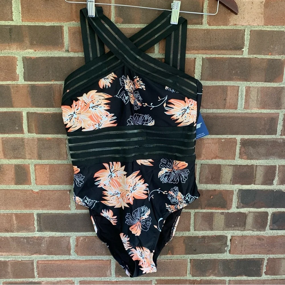 Hilor Floral Front Crossover One Piece Swimsuit Women’s Small 4-6 NEW - Picture 3 of 11